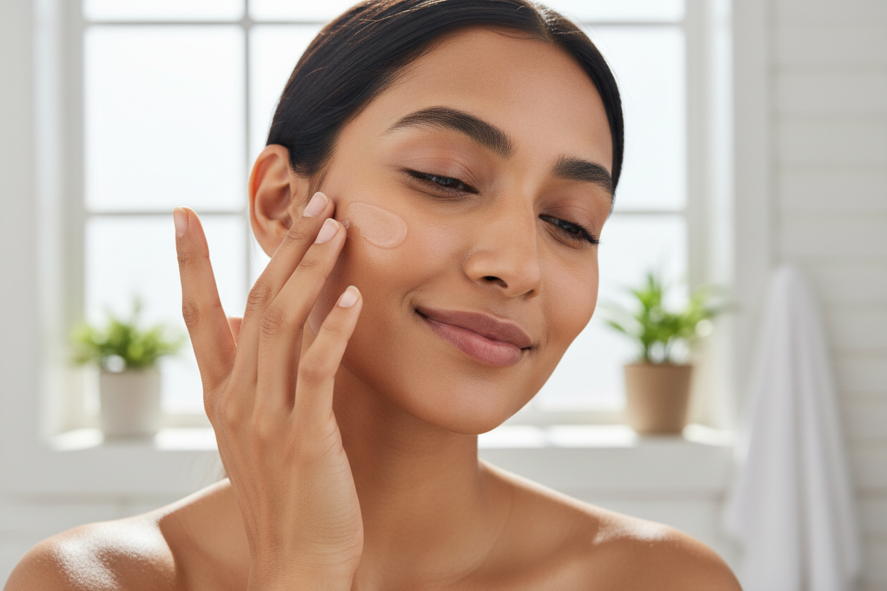 Indian skin tone girl applying gel sunscreen on her face